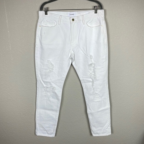 Frame Le Garcon Distressed Rolled Cuff Straight Jeans in White Mid Rise Sz 29 - Picture 2 of 15
